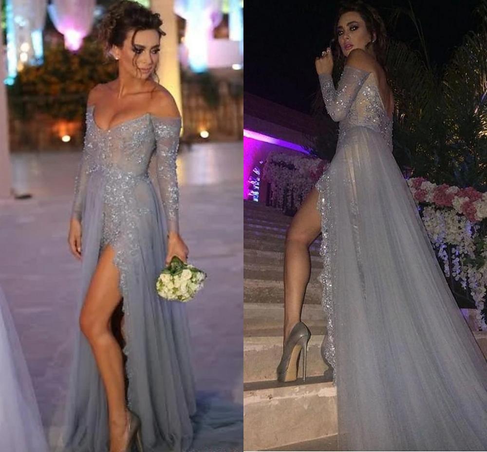 

2021 New Sexy Sier Engagement Formal Evening Off Shoulder Long Sleeve Sweep Train Chiffon Lace Prom Party Gowns with Split Hxfr, Orange