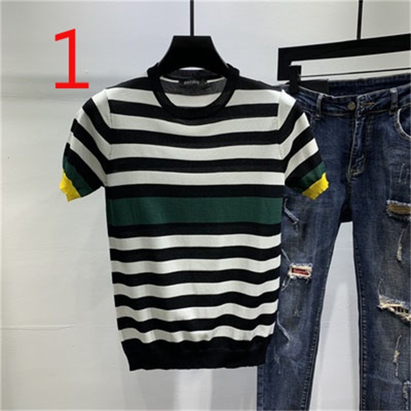 

2021 New Men's Striped Contrast Ice Silk Half-sleeved Summer Tight Color-block Knit T-shirt Thin Short-sleeved Top 7fme