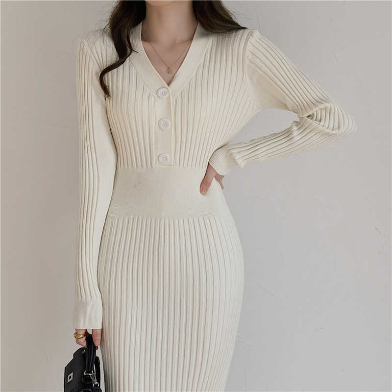 

Knitted Long Sleeve Dress Women 2021 Slim Bodycon Autumn Korean Elegant Fall Winter Button V Neck Sweater Midi Ribbed Dress C216 Y0603, Cream white