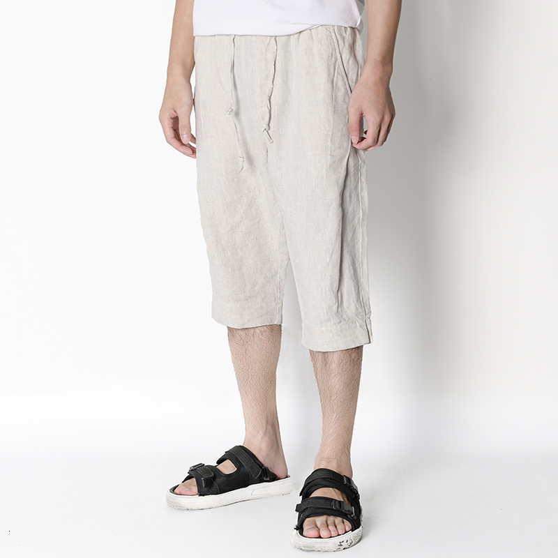 

2021 New 100% Linen Summer Brand Calf-length Wide-leg Pants for Fashion Causal Elastic Waist Trousers Men Loose Pantaloni Ti5p, Dark blue