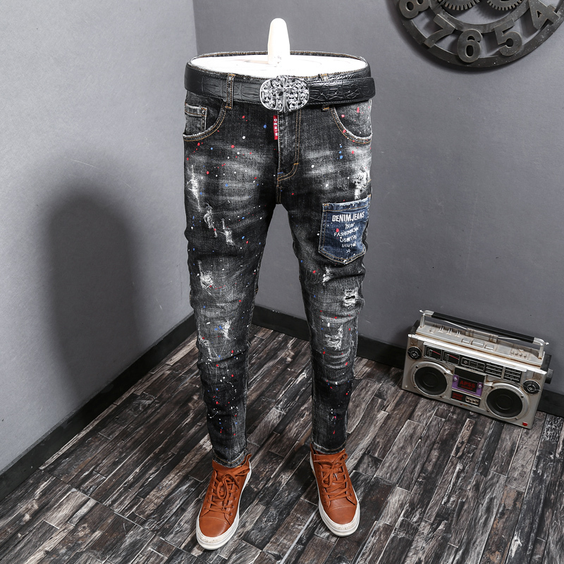 

2021 New American Streetwear Fashion Men Jeans Retro Black Gray Elastic Slim Fit Painted Designer Pants Patch Pockets Hip Hop Trousers Nsr5