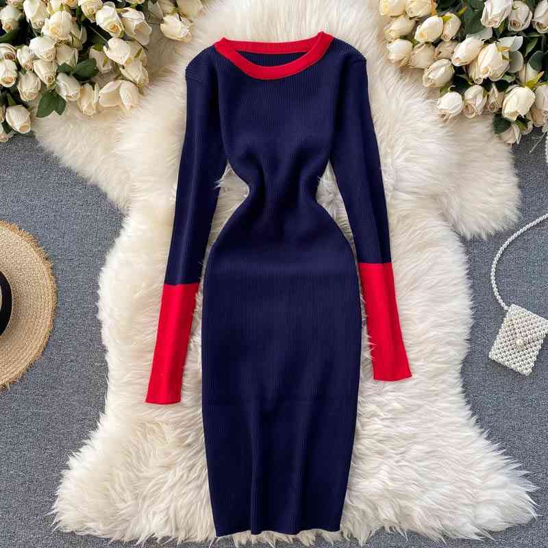 

Spring Autumn Sweater Dress Vestidos Women Slim Long Sleeved Patchwork Color Bodycon es Ladies Short Mini Knit 210602, Pink