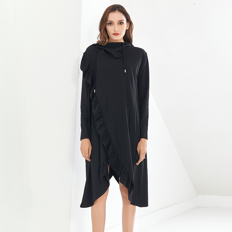 

Black Sweatshirt For Women Hooded Collar Long Sleeve Patchwork Ruffles A Line Split Female 2021 Autumn Clothing