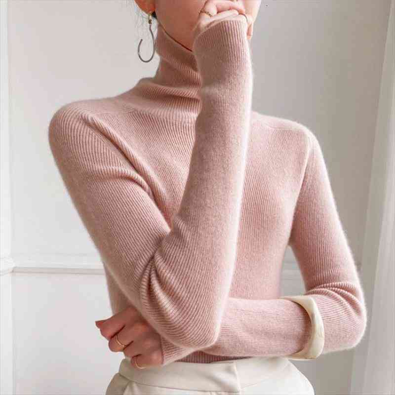 

Autumn Winter Turtleneck Sweater Solid Color Knitted Long-sleeved Pullover Fashion High-end Womens Cashmere Wool, White;black