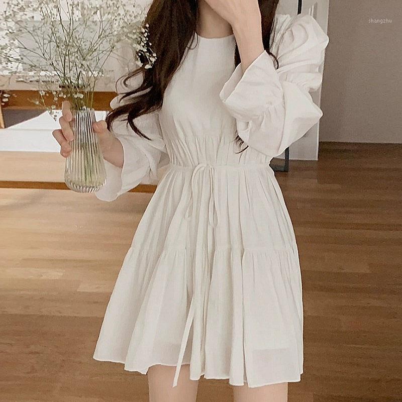 

Casual Dresses Korean Chic Spring And Summer Comely Waist-Tight Round Neck Tied Sweet Elegant Ruffle Short Fairy Dress Women, Beige