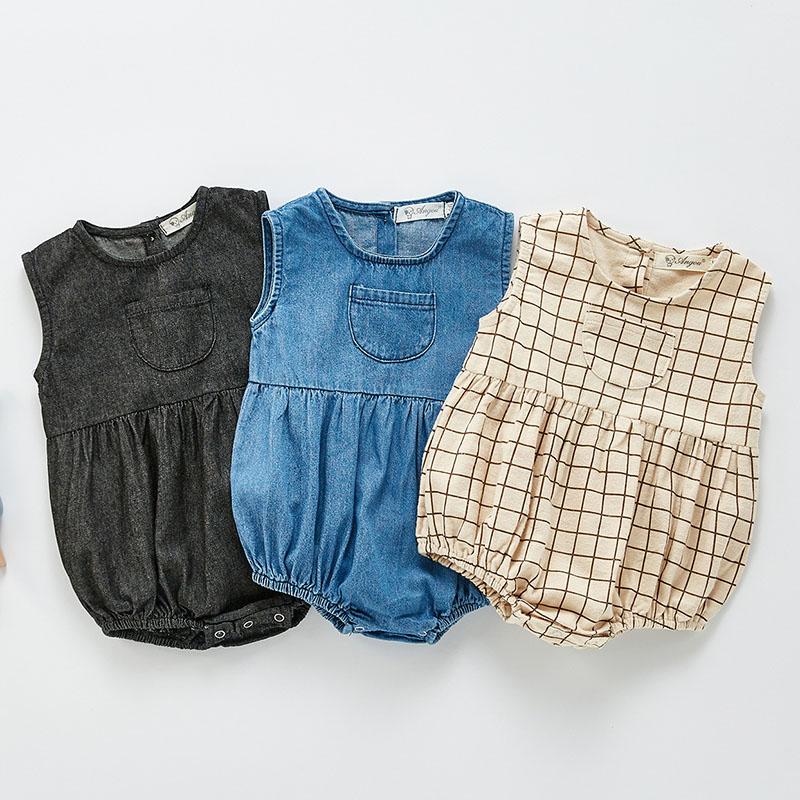 

Jumpsuits Baby Boy Girl Sleeveless Grid Rompers Summer Kids Born Clothes, 211h07 apricot