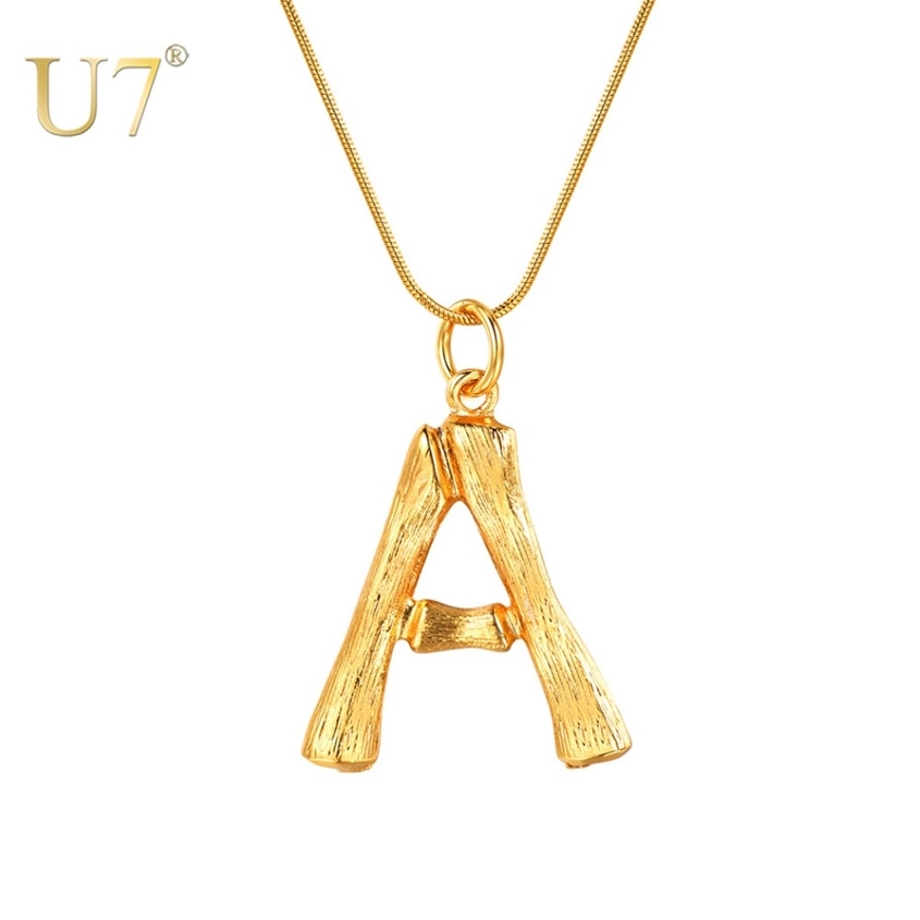 

U7 Big Letters Bamboo Pendant Initial Necklaces for Women with 22" Snake Chain DIY Alphabet Jewelry Mother's Day Gift P1211 220222, Silver
