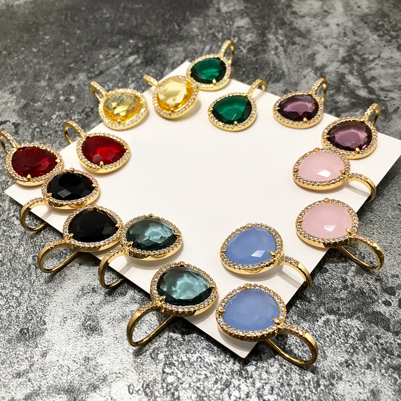 

Fashion Earrings color stone crystal designer earrings jewelry Women triangular eight color stone earrings with copper inlay, Golden