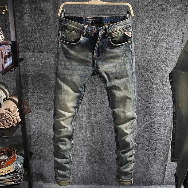 

2021 New Italian Style Fashion Slim Fit Retro Washed Elastic Vintage Designer Men Pants Streetwear Hip Hop Jeans Homme 0lr7, Retro color