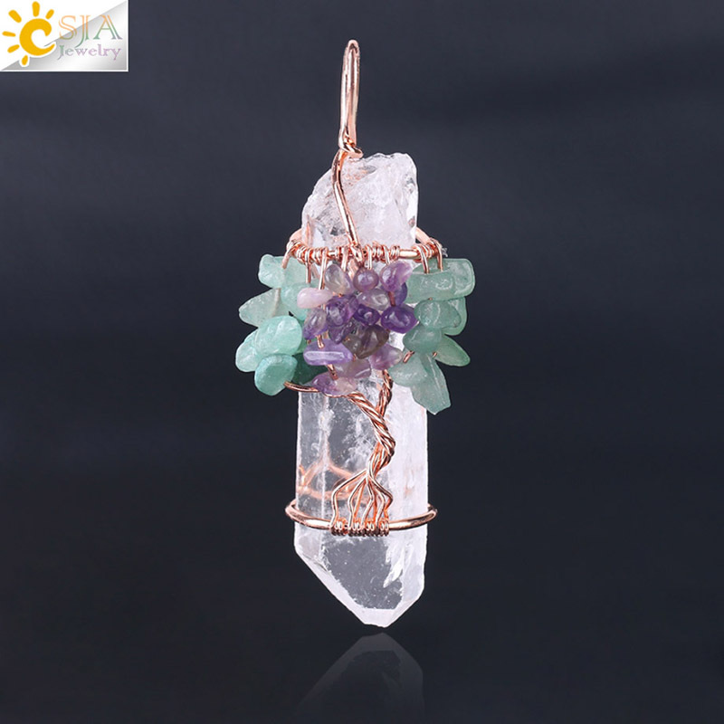

CSJA Men Big Gemstone Pendant Women Natural White Crystal Quartz 7 Chakra Tree of Life Rose Gold Handmade Wire Wrapped Necklace Charms 84 U2