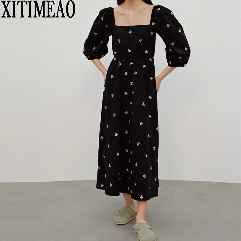 

ZA Women Style Spring Summer Sweet Temperament Square Neck Bubble Sleeve Waist Embroidery Dresses Black Dress 210602