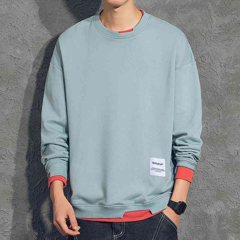 

Round collar sweater spring and autumn Plush loose men's hoodless top fashion brand personality fake two solid color, Black