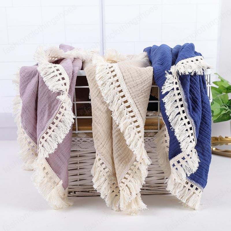 

Baby Tassel Swaddling Blankets Newborn Muslin Windscreen Shawl Solid Candy Lace Double Cotton Gauze Cover Kids Fringe Bath Towel Nursery Bedding 19 Colors, As picture
