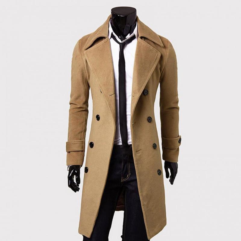 

Men's Jackets Outwear Casual Warm Pure Color Trench Coat Male Double-breasted For Business, Khaki