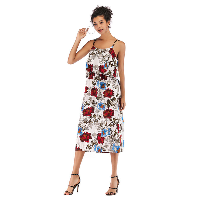 

Women Print Floral Summer Sexy Backless Dress Vintage Ruffles Strapless Casual Beach Midi Dress Party Femme Vestidos, Black;gray