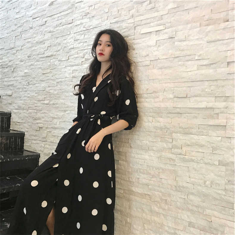

Spring Seaside Holiday Beach Retro Mid Length Dot Print V Neck Summer Dresses for Women 210615, Black