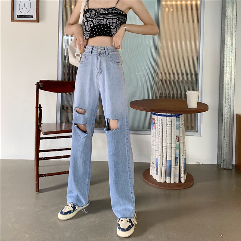 

jeans 2021 spring and autumn hole tapered women's high waist loose drape beggars wide leg pants floor, Blue