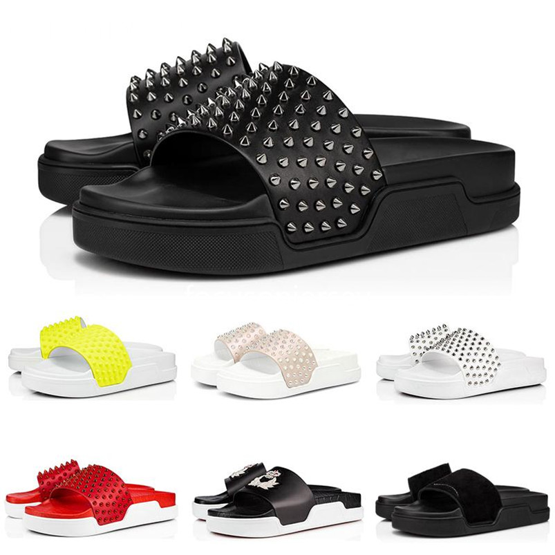 

2021 red bottoms men slippers fashion slides triple black white spikes mens flat flip flops beach hotel Luxury platform sandals size 40-46, 11