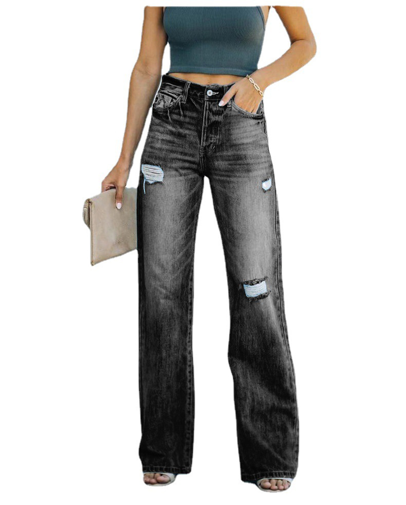 

Women Casual Distressed Flare Jeans High Waist Ripped Hole Denim Pants, Blue