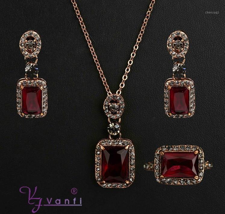 Earrings & Necklace Style Vintage Antique Gold Color Square Red Long Necklace&Earring&Ring Jewelry Sets Gift For Women-image-745067841