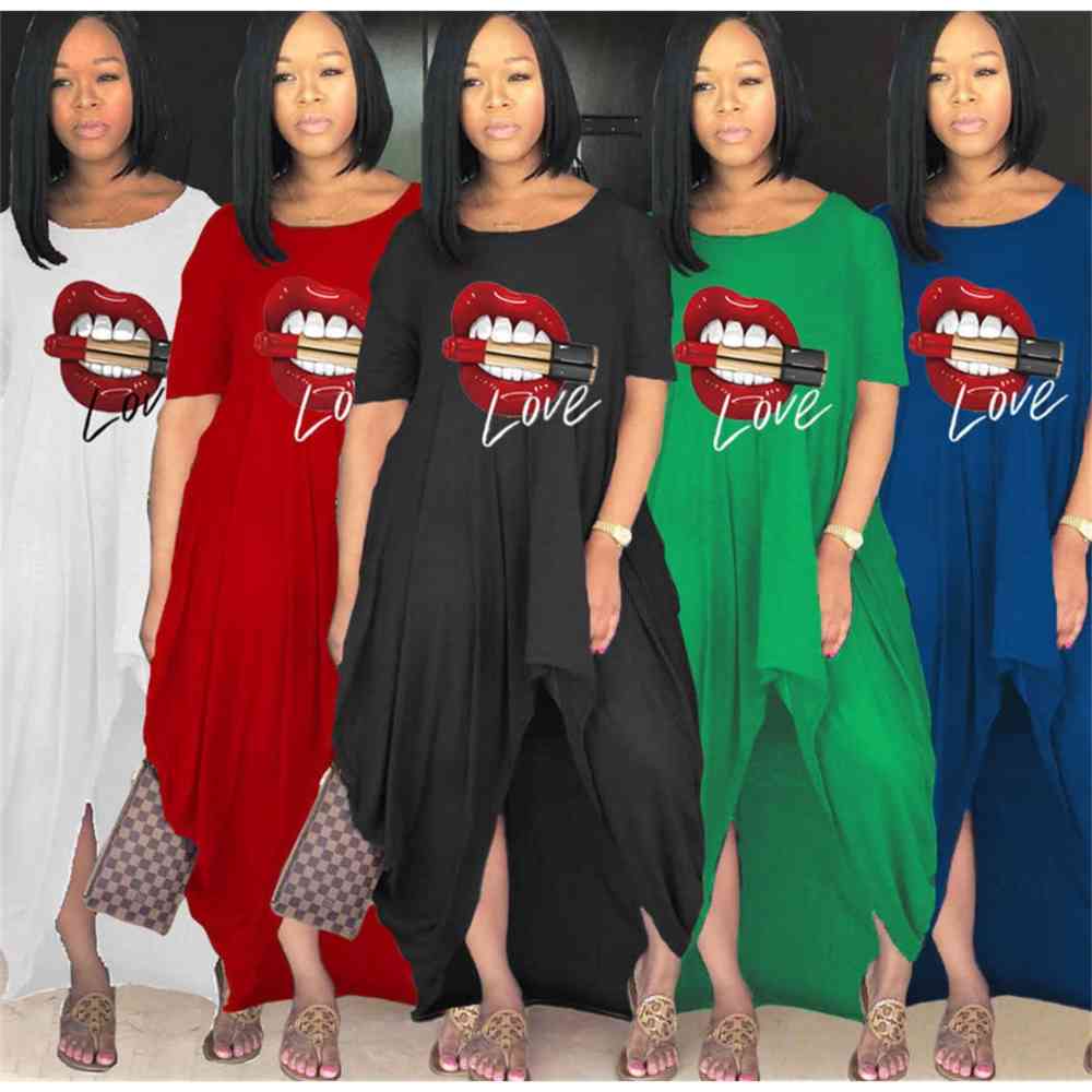 

20PCS/DHL S-4XL Big Red Mouth Print Irregular Split Summer Dress for Women Maternity Party Beach Club Overall Oversize Loose Dresses One piece Skirt Clothing G65WORH, Black