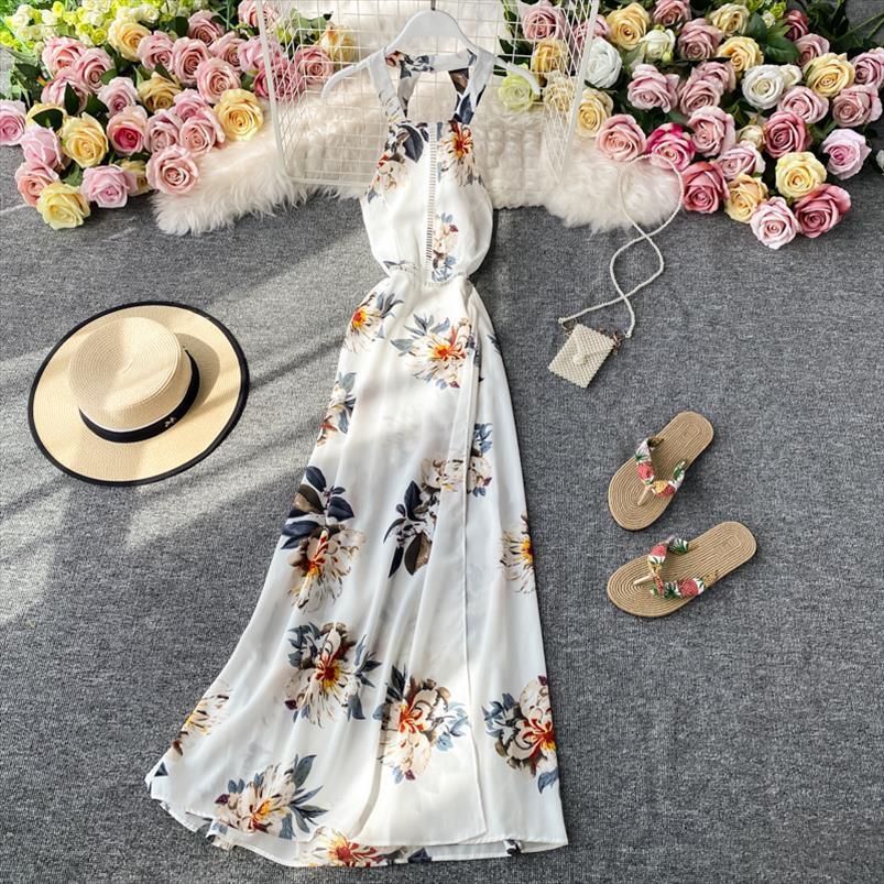 

bohemian summer beach halter womens dress long white sleeveless high waist chiffon maxi vestidos robe, Black;gray