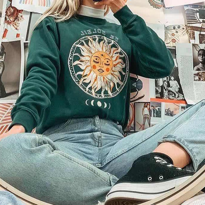 

2021 Vintage Green Sun Face Pattern Sweatshirt Women Crewneck Loose Oversized New Designer Casual Teens Girls Autumn Pullovers Z6to