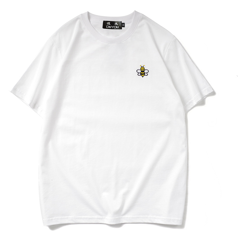 

2021 New Small Bee Embroidery on Left Chest Cotton Short Sleeve Men's Cartoon Parttern T-shirt Women t Shirts|streetwear J10u, White
