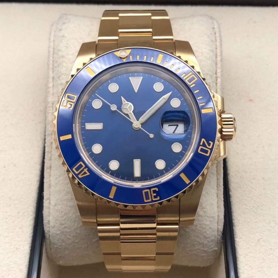 

Men Sport Gold Watch Blue Dial Ceramic Solid Stainless Steel 40mm Glide Automatic Movement Mechanical Male Wristwatch With Box