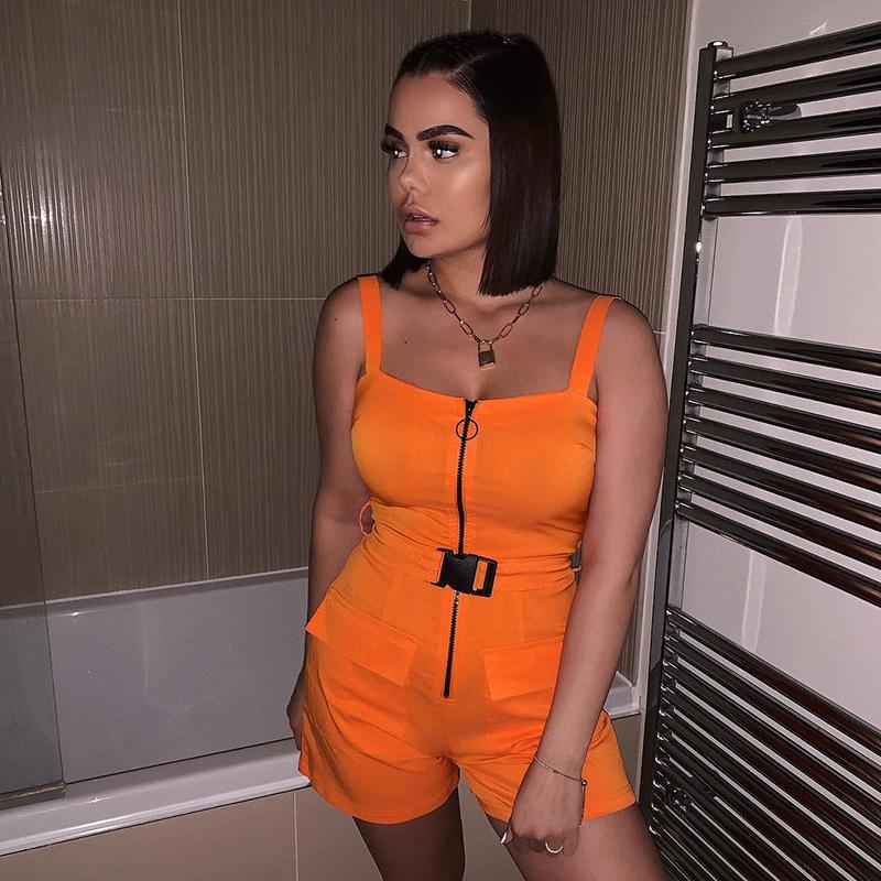 

Women's Jumpsuits & Rompers Dotrend 2021 Summer Women Overalls Casual Romper Jumpsuit Front Zipper Shorts Cargo Pants Female Orange Playsuit, Black;white