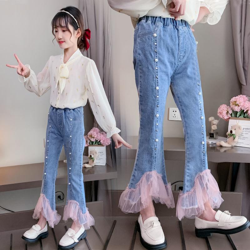 

Girls Beaded Lace Jeans Long Pants Spring Autumn Kids Girl Denim Pant Trousers Children Clothes 4-14age, Blue