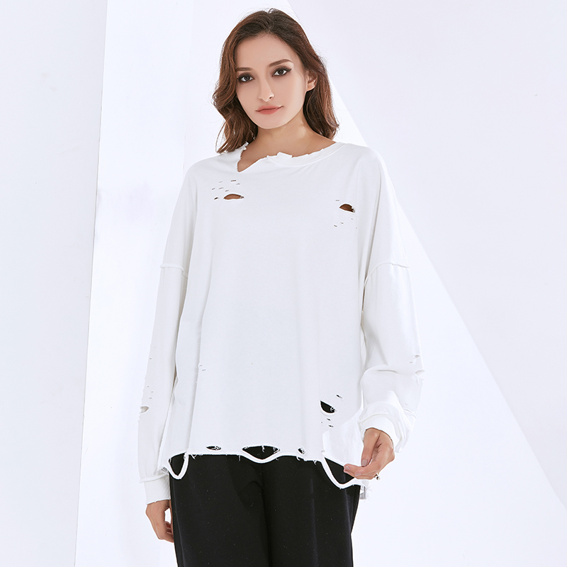 

Casual Sweatshirt For Women O Neck Long Sleeve Designer Hole Cotton Pullovers Oversized Sweatshirts Female 2021 New, Black