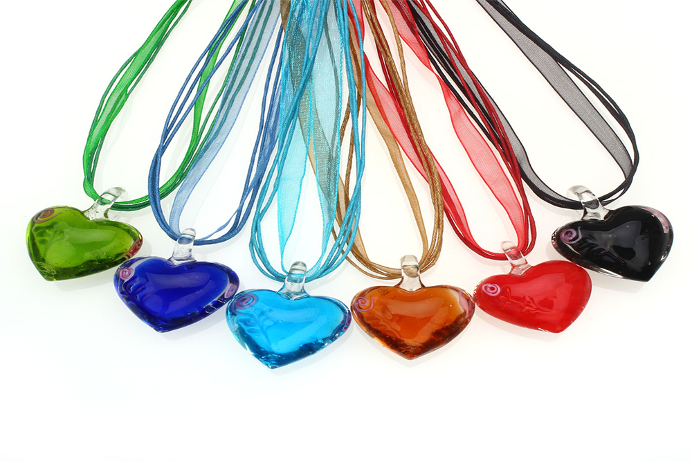 

Wholesale 6pcs Handmade Murano Lampwork Glass Mixed Color Heart Pendants Silk Cords Necklace