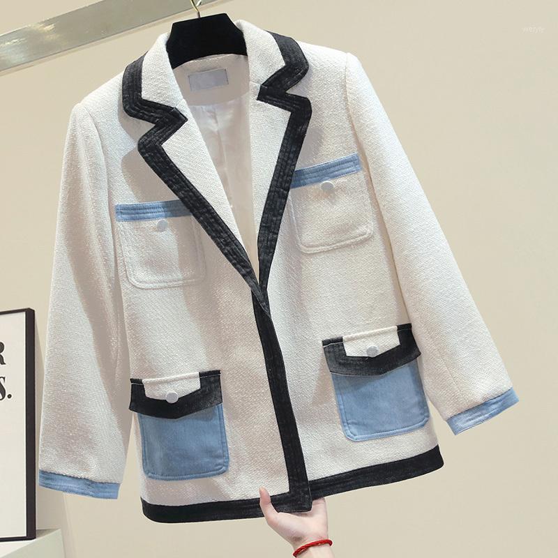 

Women' Jackets [EWQ] Korea Chic 2021 Autumn Color Matching Suit Tweed Coat Loose Lapel Pockets Jacket Women Overcoat Feamle Fashion 16E3040, White