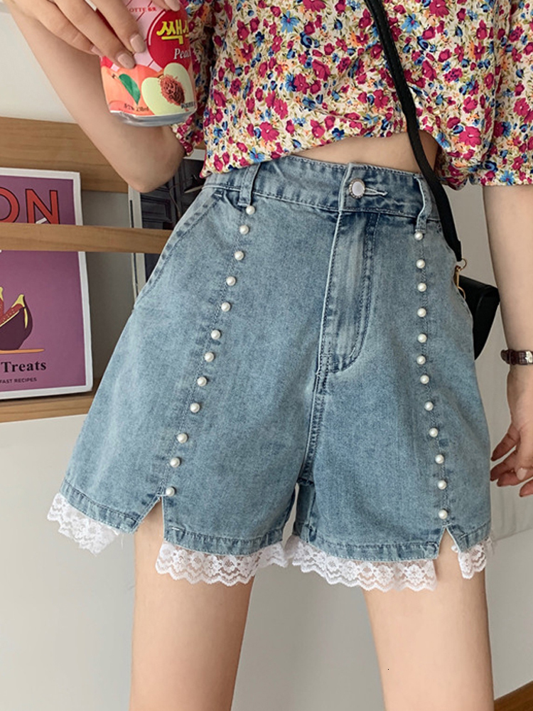 

2021 New High Waist Jeans Women Summer Pearl Lace Denim Straight Wide Legs Casual Ladies Shorts Feminino Trend 7x20, Blue