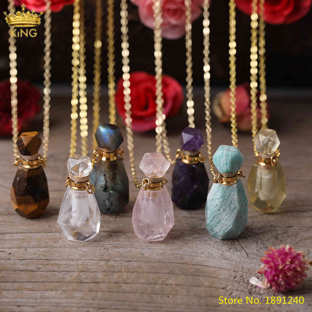 

Natural Pink Amethysts Quartz Tiger Eye Stone Perfume Bottle Pendant Necklace,Gold Crystal Essential Oil Diffuser Vial Jewelry