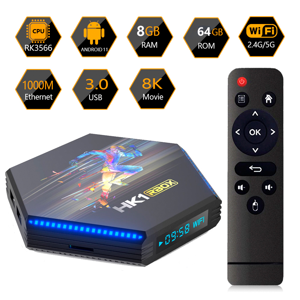 

Android 11.0 TV Box DDR4 8GB 64GB HK1 Rbox R2 RK3566 Quad Core 4G32G 4G 64G 8K Smart Media Player 1000M 2.4/5G Dual Band Wifi Bluetooth 4.0 TVbox Android11 USB 3.0