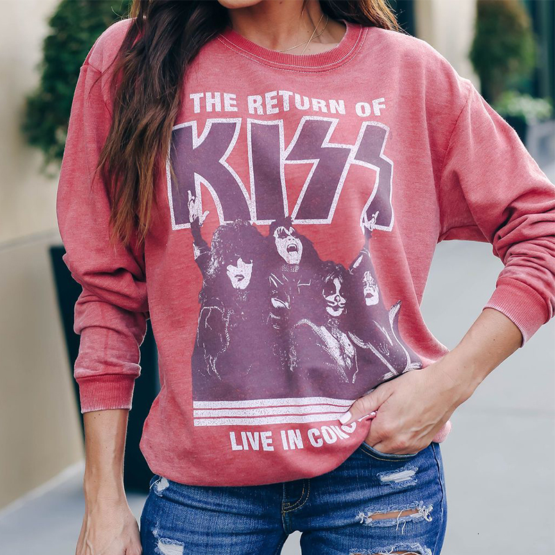 

2021 New Vintage Pink Character Letter Crewneck Impression Woman's Sweatshirt Casual Office Lady Fashion Streetwear 20new Plus Size Tops Erp, Red