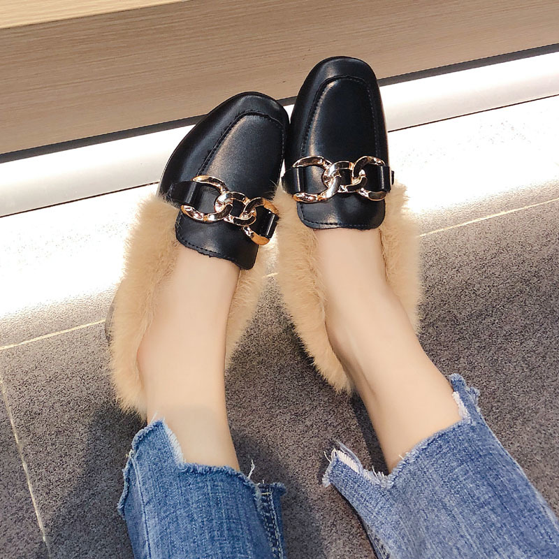

Metal Chains Leather Flats Winter Loafers Women Shoes Winter Warm Mules Celebrity Fur Flat Creepers Soft Heel Moccasins Mujer C0309, Beige