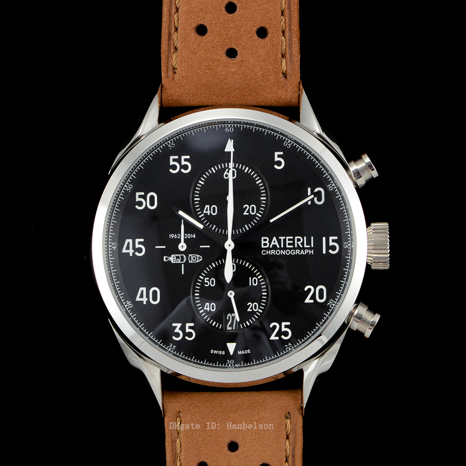 

2021 NEW Mens Watches Chronograph quartz Stopwatch Sport Watch Stainless Brown Leatcher strap montre BATERLI Black face Wristwatches, Black dial