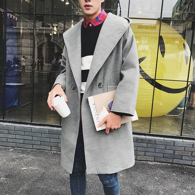 

2021 New Winter Korean Long Men' Slim Fashion Casual Hooded Coat Men Streetwear Loose Woolen Jacket Mens Overcoat Bakw, Black