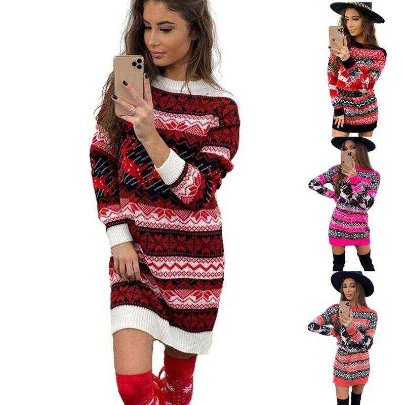 

Christmas Fashion Sexy Womens Elk Print Jumper Long Sleeve Dress Loose Pullover Winter Casual knitting Dress Y1110, Watermelon red