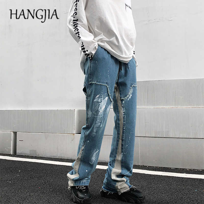 

Urban Streetwear Patchwork Flare Jeans Hip Hop Raw Edge Graffiti Flare Denim Pant Men Splash Ink Painted Denim Trousers Jeans C0607, Black