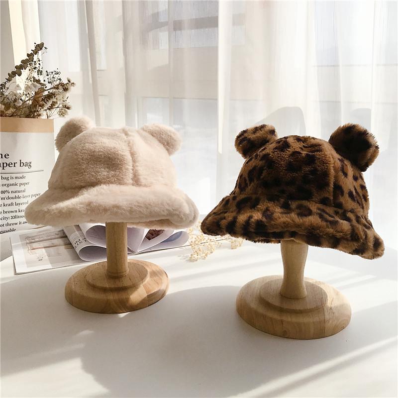 

Caps & Hats Leopard Faux Fur Bucket Baby Hat Solid Color Plush Fisherman Kid Cap With Ear Winter Warm Infant Panama For Girl Boy, Yellow
