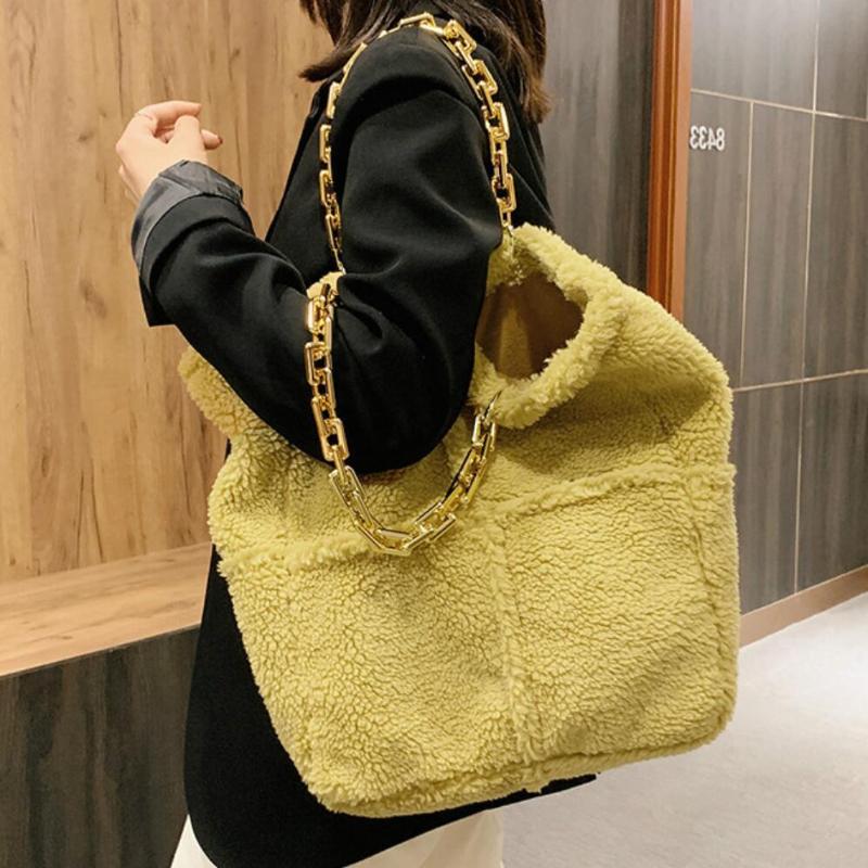 

Shoulder Bags Vintage Large Tote Bag 2021 Fashion High Quality Soft Plush Women's Designer Handbag Thick Chain Capacity, Black
