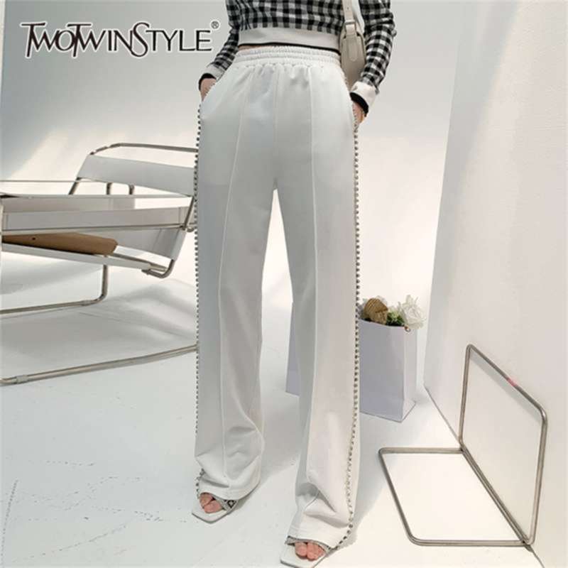 

TWOTWINSTYLE White Casual Diamonds Pant For Women High Waist Solid Elastic Minimalist Pants Females Fashion Summer Clothing 210928