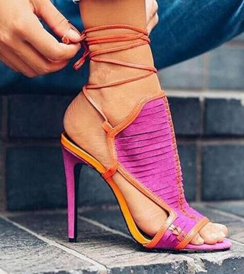 

Sandals Mixed Color Faux Suede Strap Patched Ankle Women Lace-up Stiletto Heels Casual Shoes Lady Peep Toe Slingback, As pic