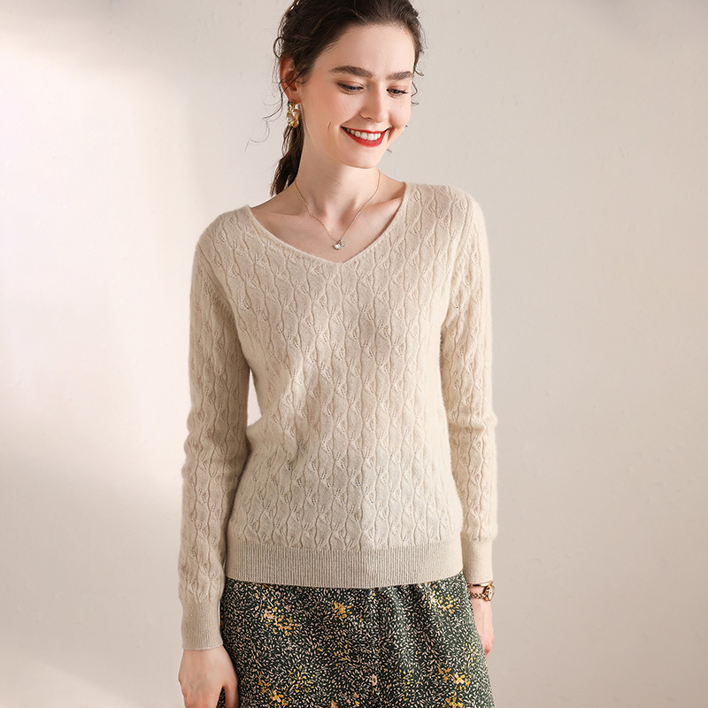 

2021 New 100% Cashmere Women V-neck Long Sleeves Autumn Winter Warm Thickening Women's Knitting Jumper Female Sweater Pnng, Light camel