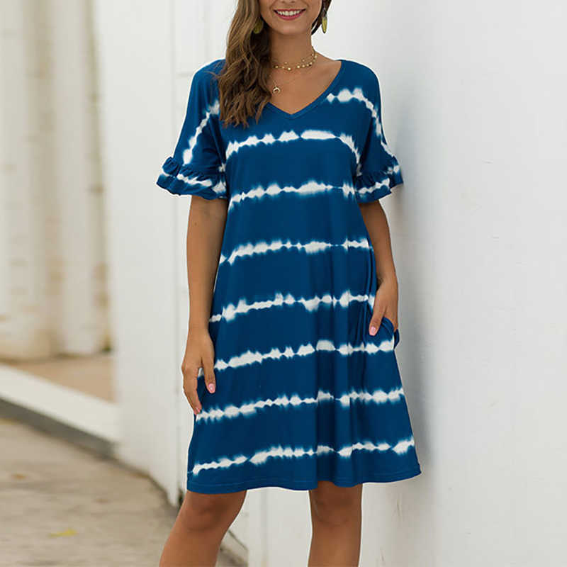 

Casual Loose Striped Summer Women Dress Sexy V-Neck Short Sleeve Workout Female Pockets Dresses Vestidos W263 210526, Blue