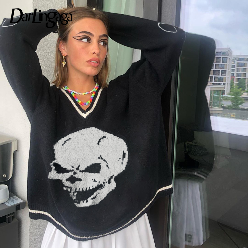 

darlingaga harajuku skull print loose autumn winter sweater women pullovers casual y2k knitwear jumpers 2021 korean sweaters new, Black